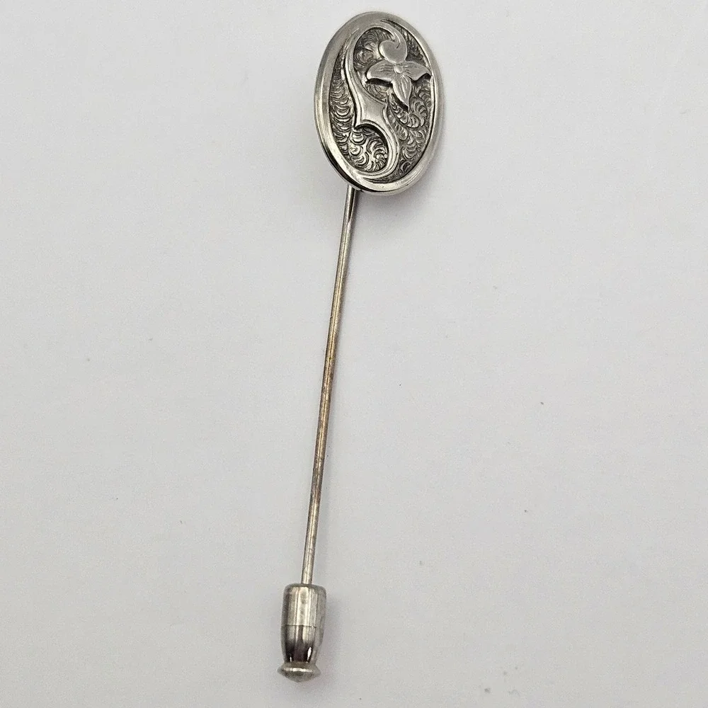 Vintage Sterling Silver Floral Scroll Oval Stick Pin Hat Lapel